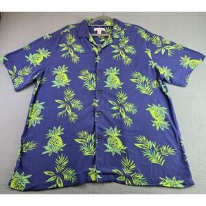 Joe Fresh Large Pineapple Hawaiian Shirt 100% Viscose Blue Tropical Resort Aloha